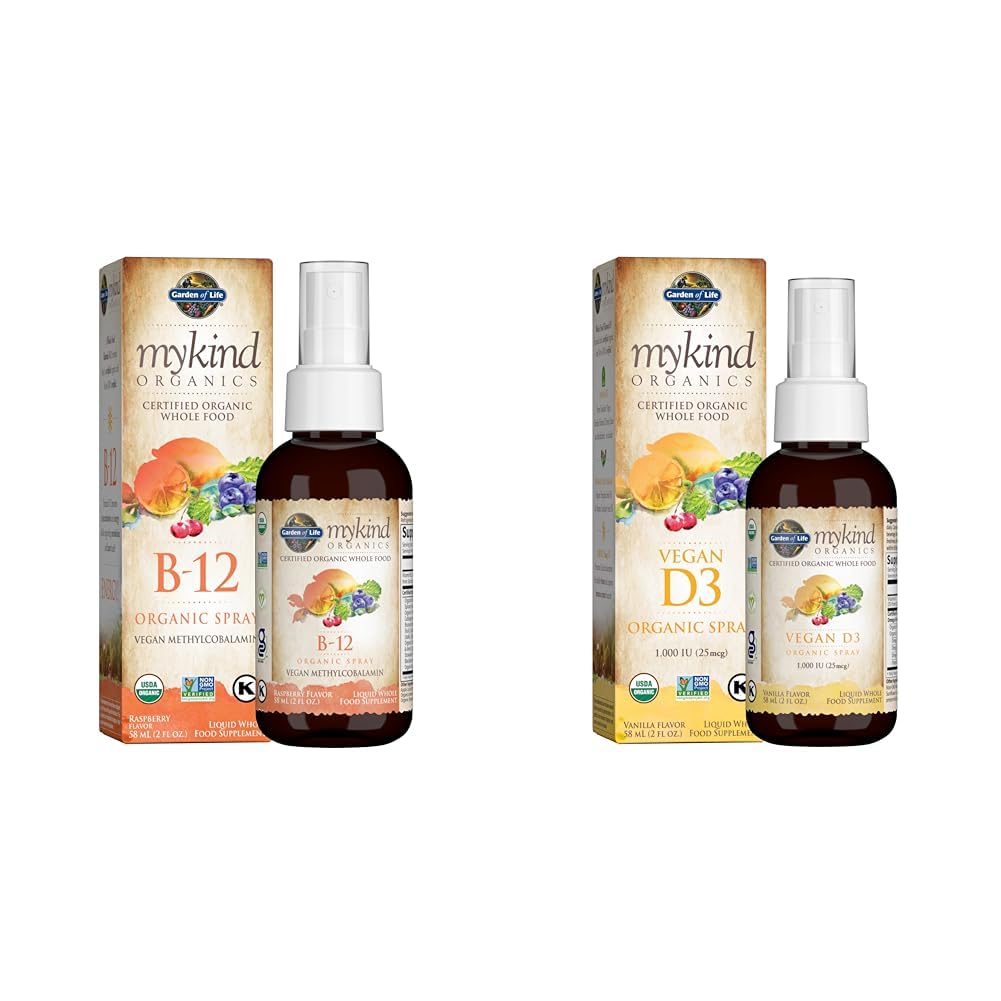 Garden of Life Organics B12 Vitamine - Alimentation entière B-12 pour le métabolisme et l'énergie et la vitamine D3 Liquide 1000 UI par spray