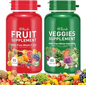 Supplément de fruits et légumes Ingrédients naturels – 90 capsules de fruits et 90 capsules de légumes - formule de superaliments frais avec des vitamines et des minéraux, soutient les niveaux d'énergie