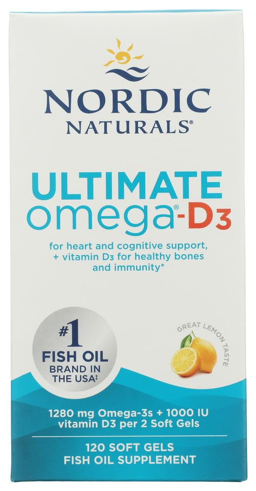 Nordic Naturals Ultimate Omega-D3, Citroensmaak - 120 Zachte Gels - 1280 mg Omega-3 + 1000 IE Vitamine D3 - EPA & DHA - Promoot Hersenen, Harten, & Immune Gezondheid - 60 porties