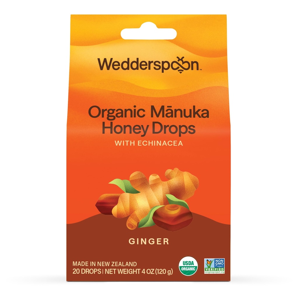 Wedderslepel Biologische Manuka Honey Drops, Gember & Echinacea, 20 Graaf (pakket van 1) 