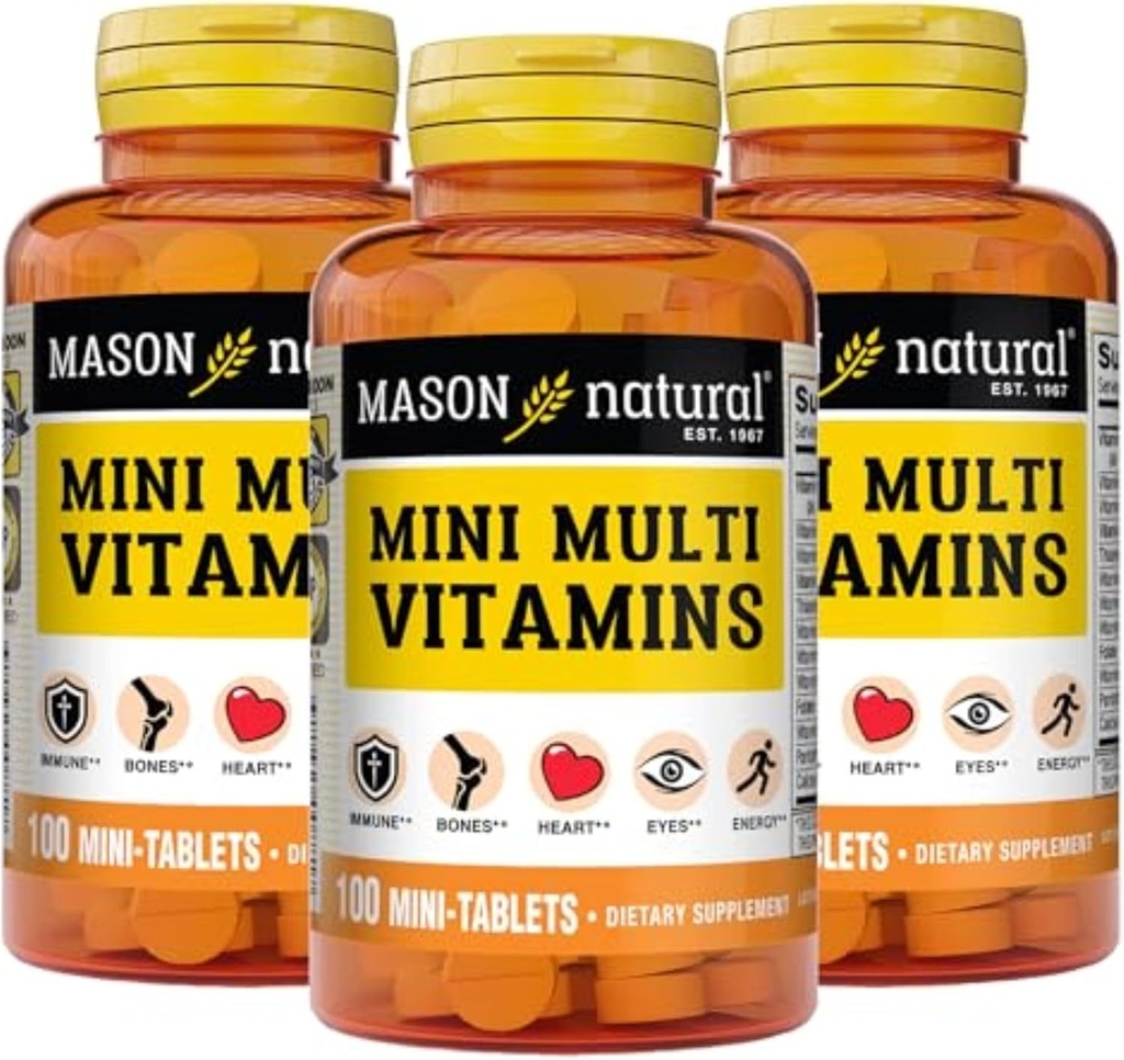 MASON NATURAL Mini multivitamines, vitamines A, C, D3, E, B1, B2, B3, B6, B12, Folate et calcium pour la santé globale, 300 jours d'approvisionnement