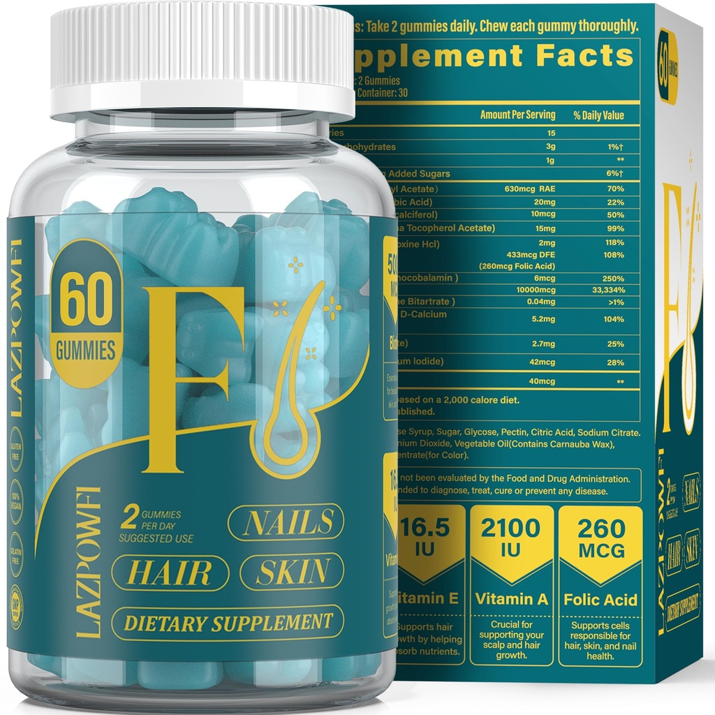 Biotin Gummies - Hair huid en nagels vitamines voor mannen & vrouwen, Vegan vitamine B7, ondersteunt haargroei en sterkere nagels, 30 dagen aanbod - Blueberry-60 Counts
