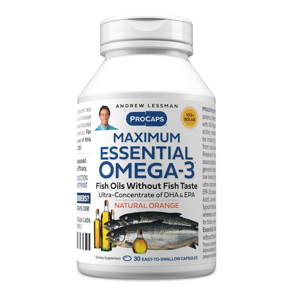ANDREW LESSMAN Maximum Essential Omega-3 Orange - 30 Softgels - Ultra-Pure, High Potency Omega-3 Oils. Hoge DHA, geen maagklachten, geen lastpakken, geen kwik. Klein Makkelijk doorslikken Softgels