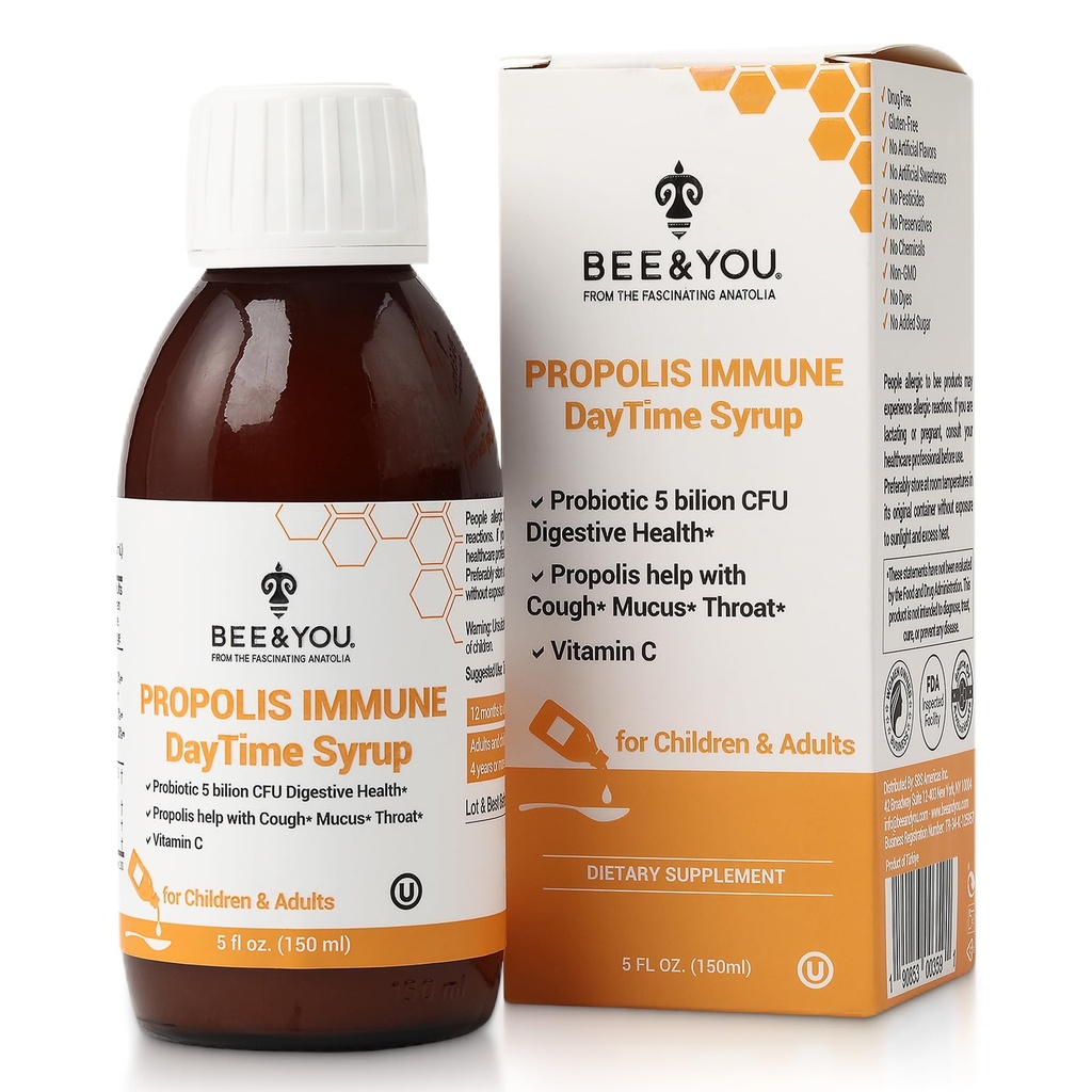 Bee and You Propolis Immune Day Time Syrup with Probiotic, Vitamin C, Immune Support, Digestive Health, Antioxidants, Gut Health 5 Fl Oz