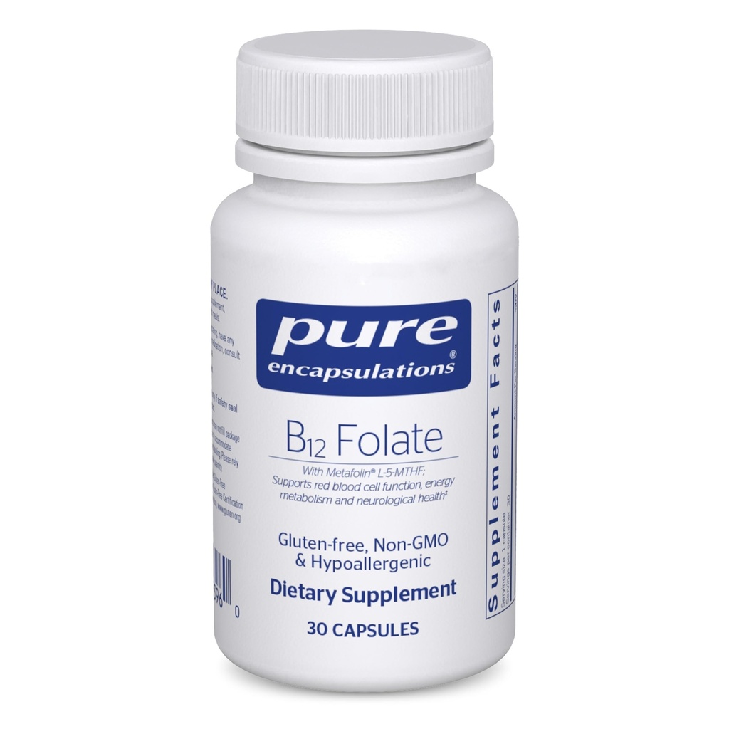 Encapsulations pures B12 Folate - Supplément énergétique pour soutenir les nerfs, le métabolisme énergétique et le soutien cognitif* - avec la vitamine B Folate comme métafoline - 30 capsules