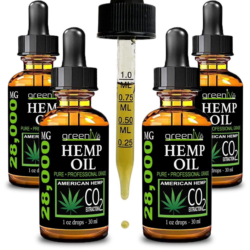GreenIVe gouttes de chanvre 28,000mg naturellement cultivées gouttes d'huile de chanvre Omégas végétaliens résultats de Potentiel naturel (4 Pack)