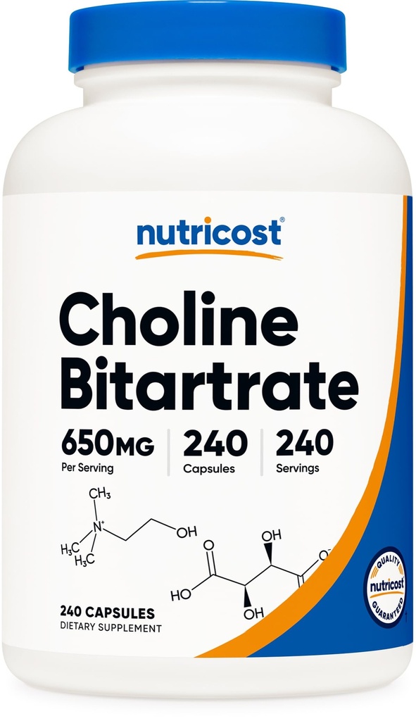 Nutricost Choline Bitartrate 650mg, 240 Capsules végétariennes - Non-OGM, Végétarien Friendly, Sans gluten