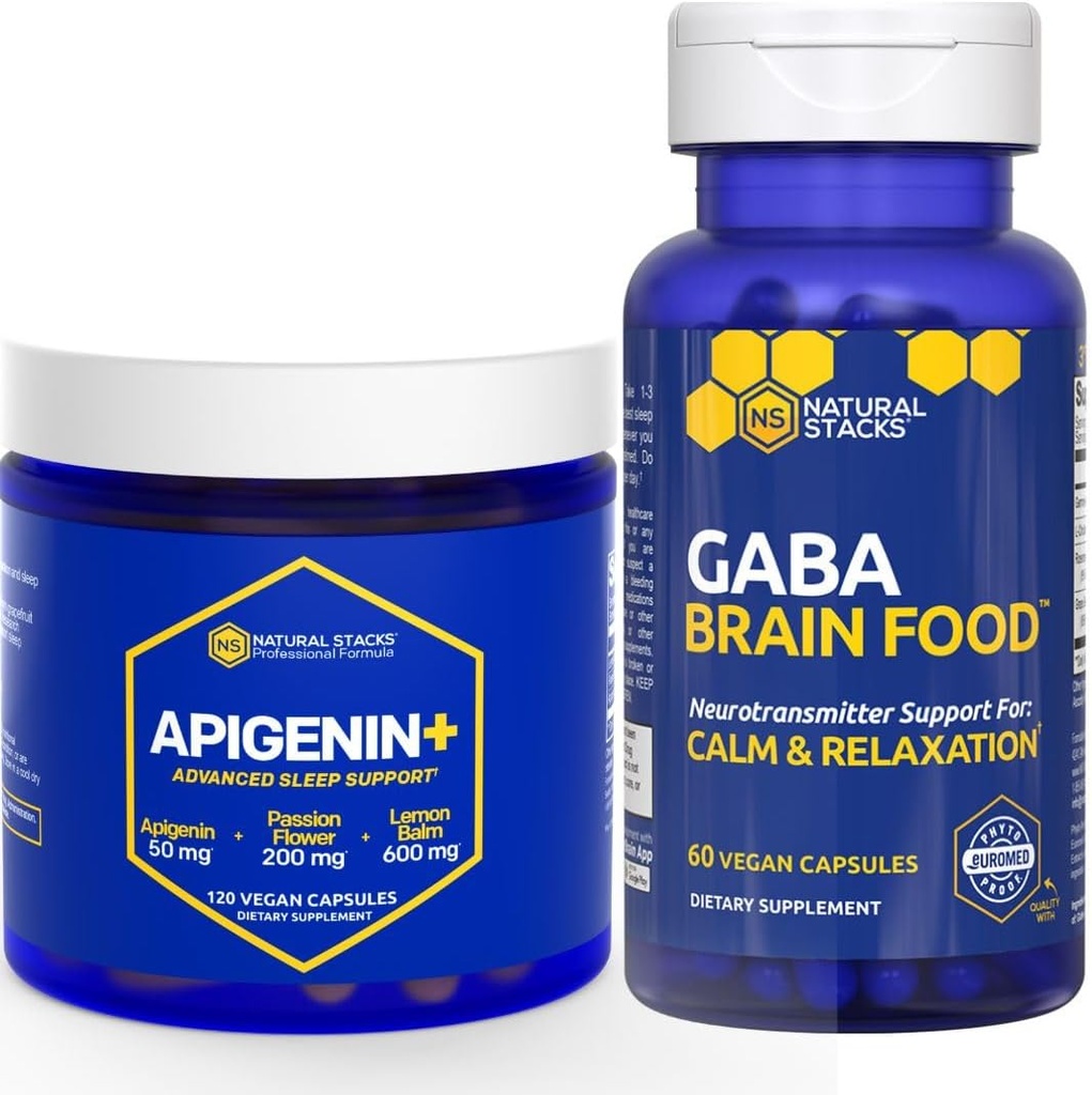 NATUURLIJKE STAKKEN GABA Brain Food + Apigenin Supplement voor slaapbundel - Ondersteunt ontspanning en slaap* - 180 Totaal Capsules