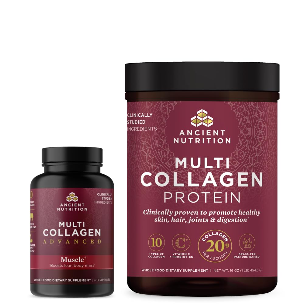 Oude voeding Multi Collageen Advanced Capsules, Spier, 90 Tel + Multi Collageen Proteïne Poeder, Unflavored, 45 Servers