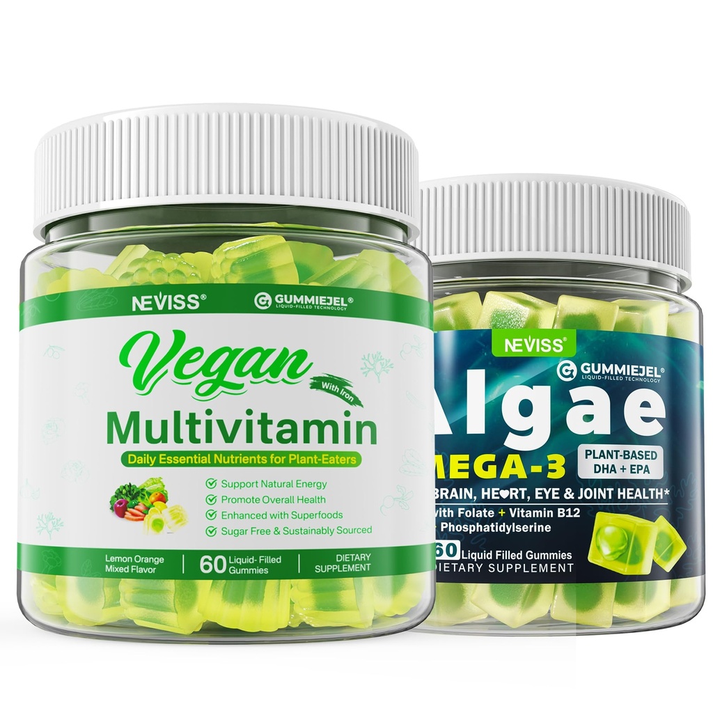 Vegan Omega 3 Gummies 1000mg met Vegan Multivitamine voor vrouwen Mannen met ijzer, vitamine B12, A, D3, K2, Algen Omega 3, Magnesium, Zink