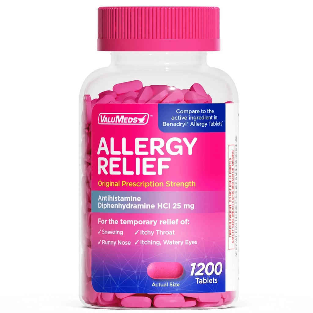 ValuMeds Allergie Médicament Antihistaminique, Diphénhydramine HCl 25 mg, Enfants et Adultes Relieve Itchy Yeux, Runny Nez, Éternuement (25 mg, 600)