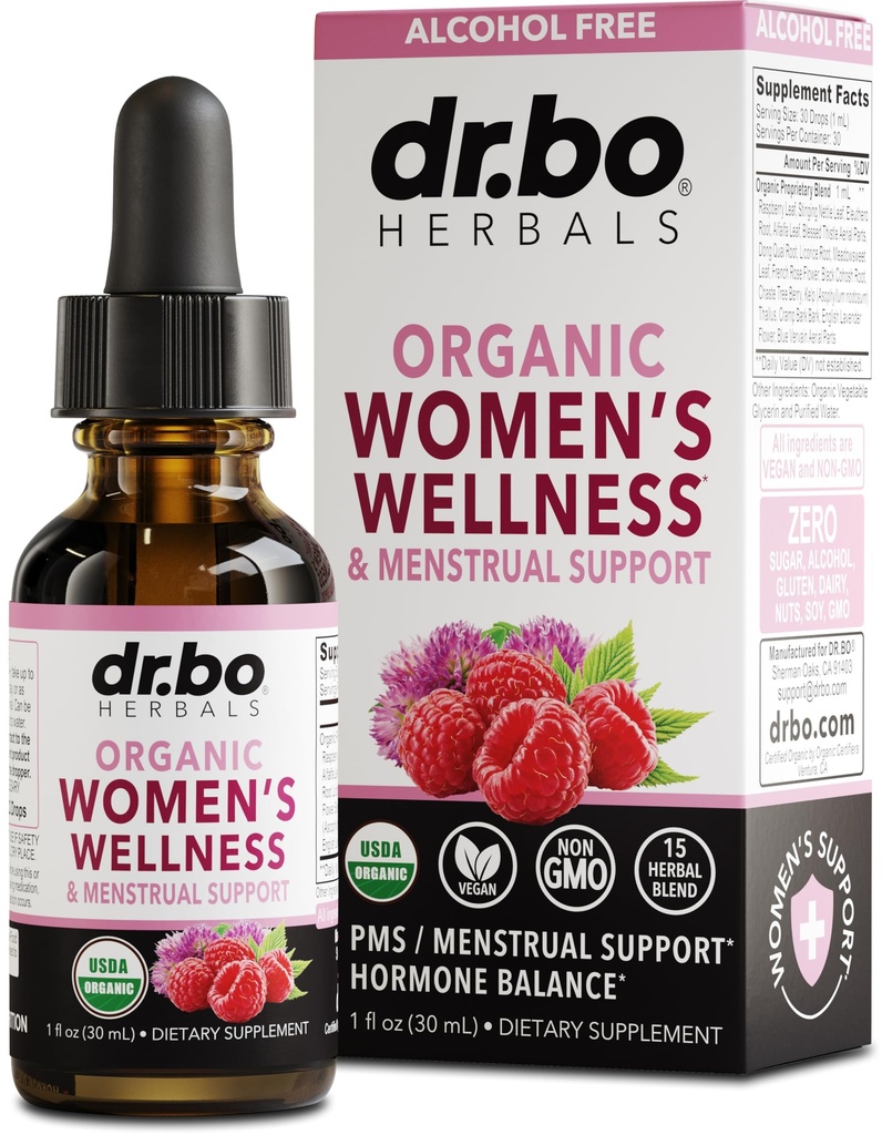 Balance hormonale pour les femmes et le soulagement des PMS - Suppléments de balance hormonale biologique pour les femmes gouttes liquides et soutien de la période de crampe menstruelle - Feuille de framboise, Chasteberry, Supplément Cohosh noir 1 Oz