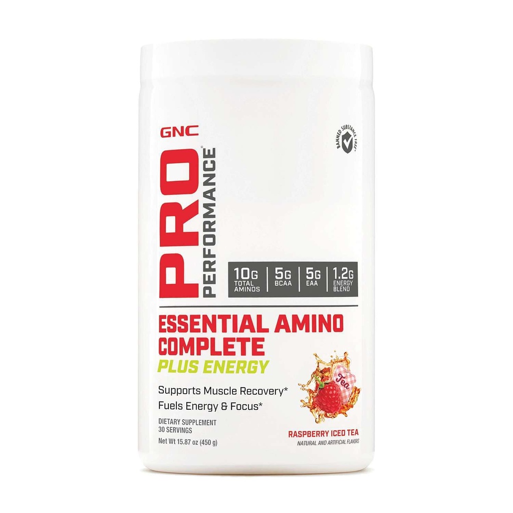 GNC Pro Performance Essential Amino Complete Plus Energy - Raspberry Iced Tea 5g BCAA, 5g EAA Plus Energy Blend et Electrolyte Complex