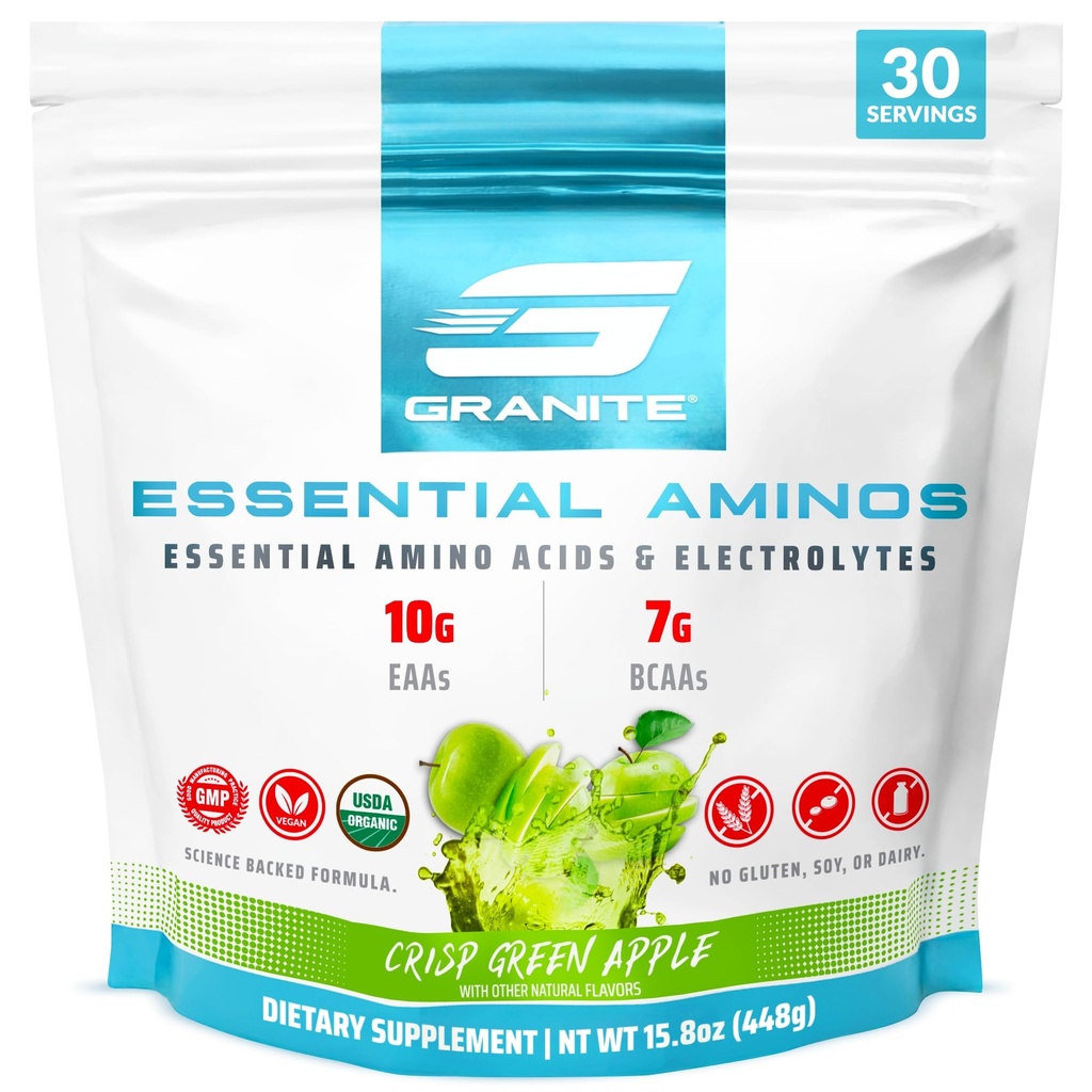 Granite Essential Amino Acids Powder, Green Apple Flavor, met 10g EAA's en 7g BCAA's, ondersteunt spierherstel en groei, sojavrije, glutenvrije (30 porties)