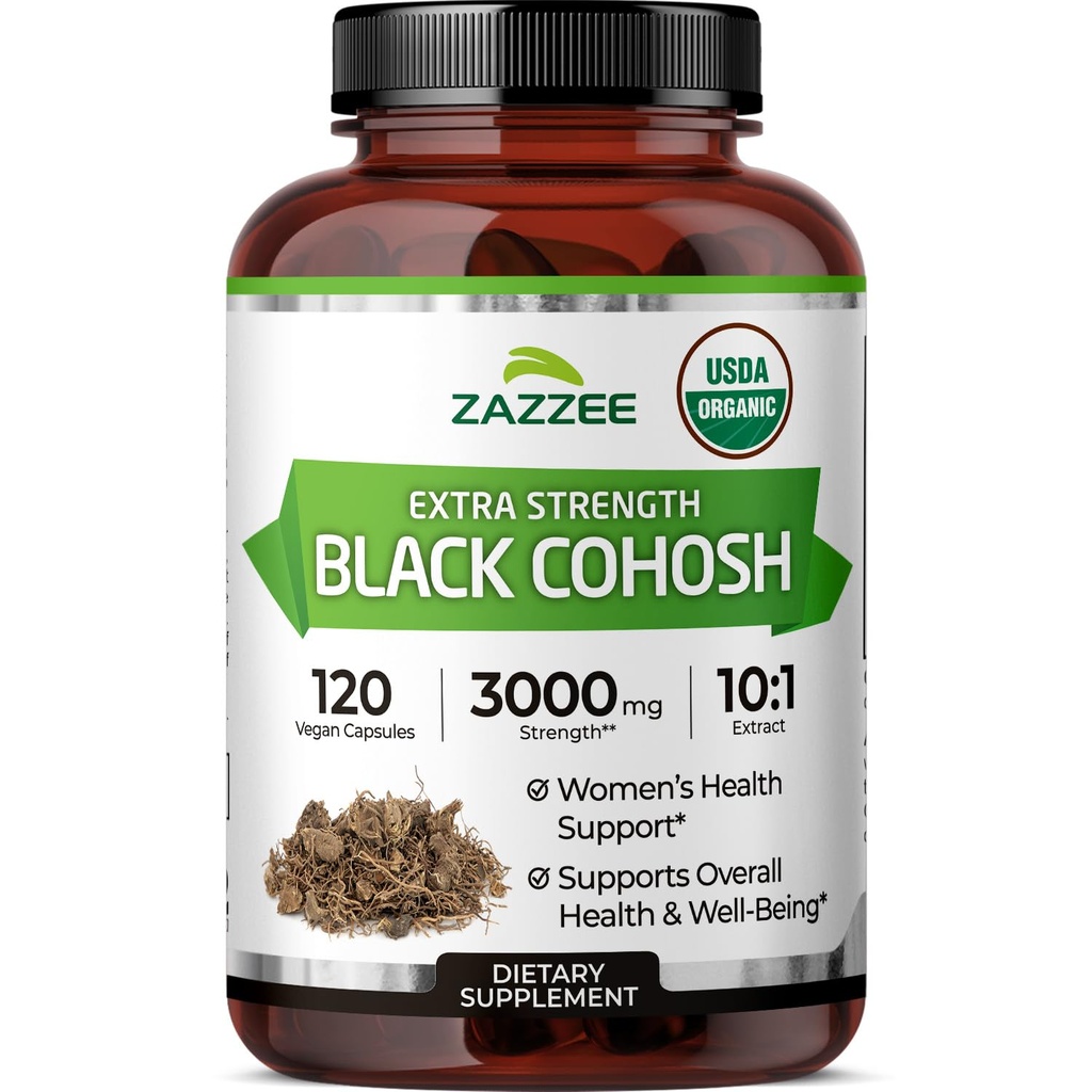 Zazzee USDA Organic Black Cohosh 10:1 Extract, 3000 mg Sterkte, 120 Vegan Capsules, 4 maanden Supply, gestandaardiseerd en geconcentreerd 10X Extract, 100% vegetarisch, all-natural, niet-GMO, Made in The USA