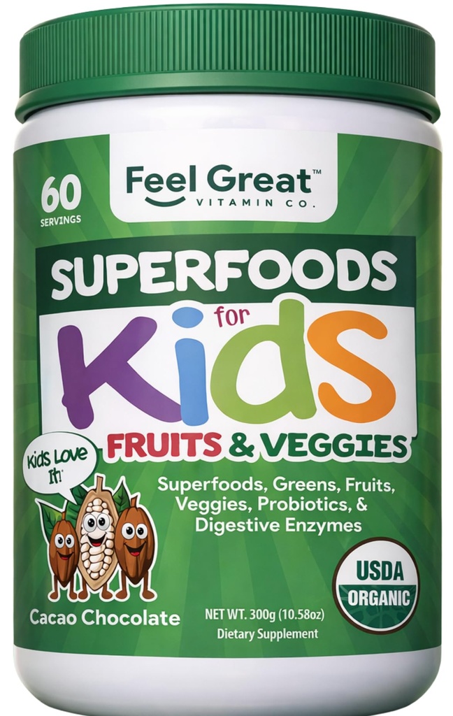 Feel Great USDA poudre biologique Super Greens pour les enfants - Cocao Chocolat de fruits et de légumes Supplément Superfood avec probiotiques et enzymes digestives pour la santé digestive