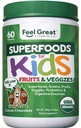 Feel Great USDA poudre biologique Super Greens pour les enfants - Cocao Chocolat de fruits et de légumes Supplément Superfood avec probiotiques et enzymes digestives pour la santé digestive