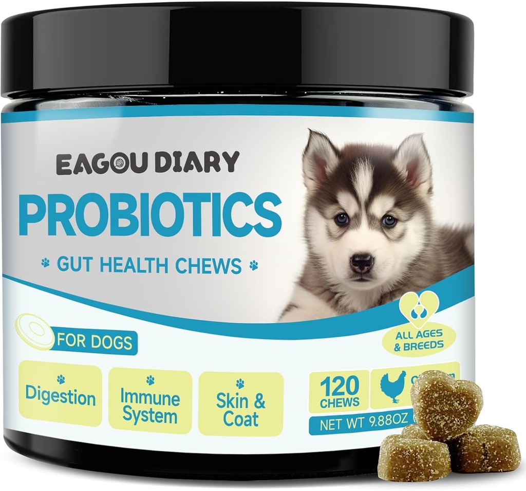 Eagou Diary Probiotica voor honden - Hondenprobiotica voor de spijsvertering gezondheid, Gut Health Supplementen met prebiotica, geitenmelk, Omega 3, Vitaminen, Kauwen voor de hond diarree, Maag, Gas Relief - 120 Ct