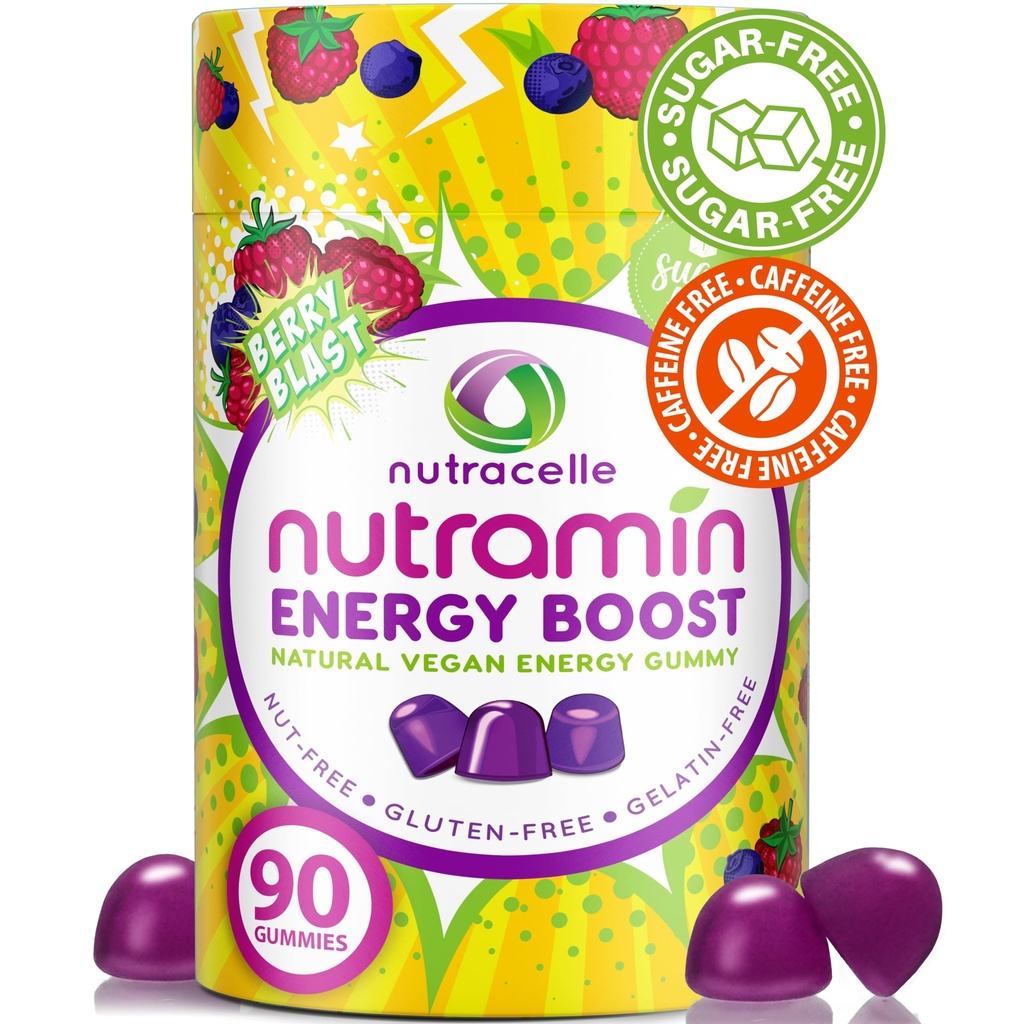 NUTRAMIN Energie Boost Vitamine Gummy - Skip The Coffee & Boost Your Energy, Cafeine-Free, Sugar-Free, Vegan, B12, Green Tea, Ashwagandha, Garcinia Cambogia, Raspberry Adaptogen - 90 ct