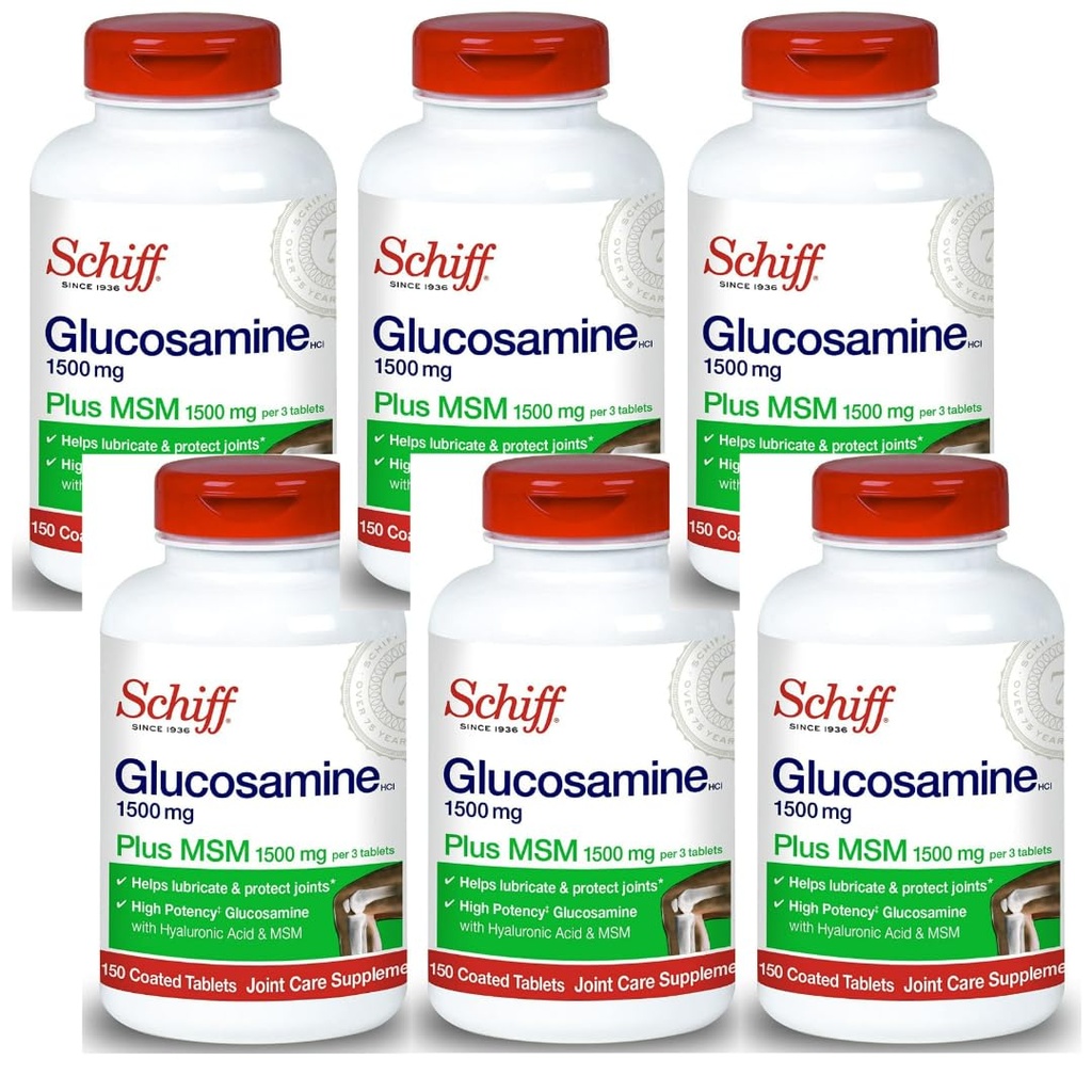 Schiff Glucosamine 1500mg Plus MSM en Hyaluronzuur, 150 tabletten - Joint Supplement (verpakking van 6)