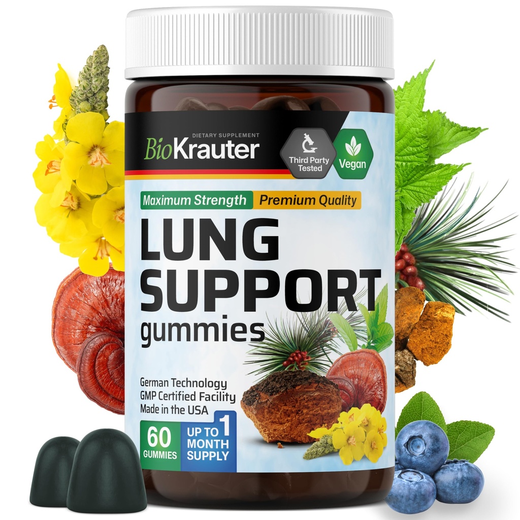 BIO KRAUTER Lung Detox Gummies - 60 Vegan Kauwen - Lung Cleanse Supplement w/Vitamine C & Mullein Leaf Blend - Ademhalingsondersteuning