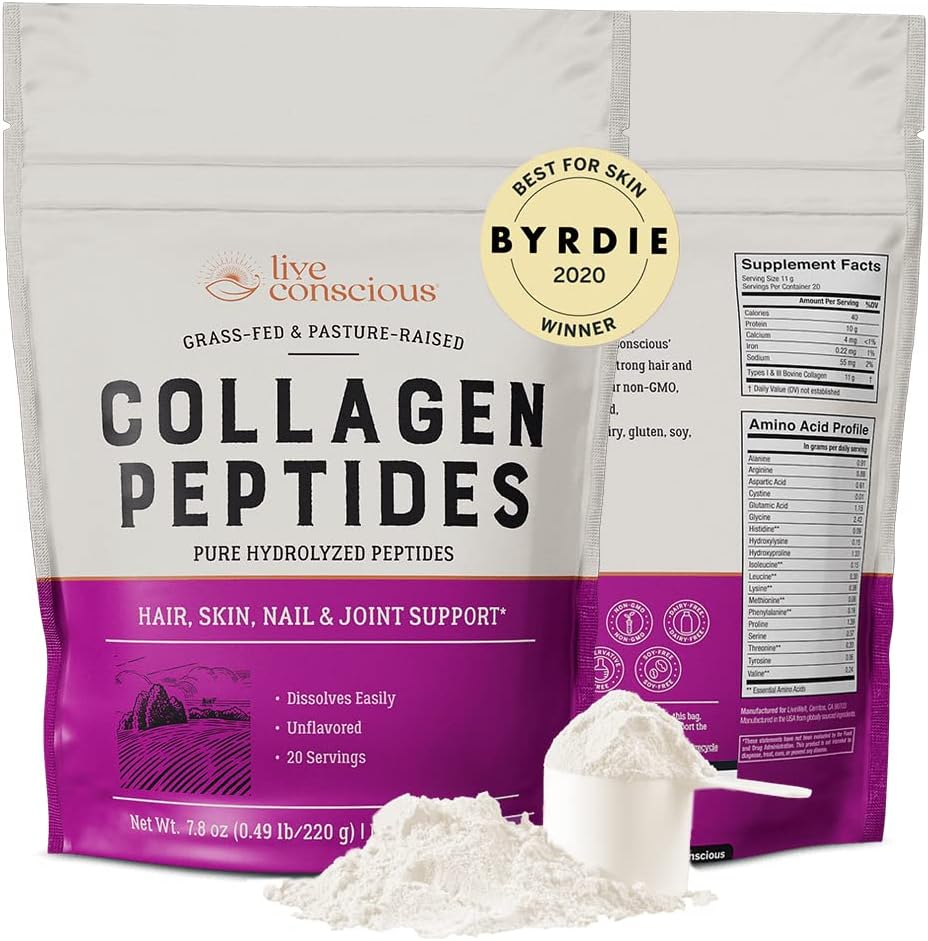 Live Conscious Collageen Poeder Gehydrolyseerd Collageen Peptides Type I & III - Keto & Paleo Friendly - Unflavored - 20 Servers, 7,8 oz