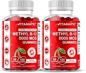 Vitamatic 2 Packs Extra Strength Vitamine B12 5000 mcg (Méthyl B12) Gommies - 120 Compte - Soutien au métabolisme de l'énergie et soutien à la santé du système nerveux, Saveur de cerise naturelle