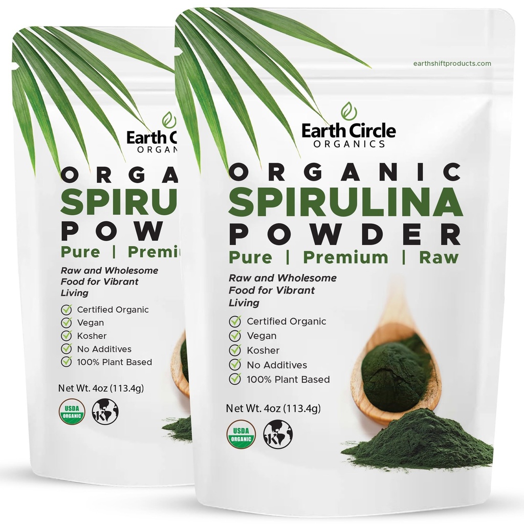 Earth Circle Organics Spirulina Poudre, Caisson, Cru et Non-Irradié. Protéine végétale pure. Superfood premium, riche en acides aminés et antioxydants - 4 Once (2 paquets)