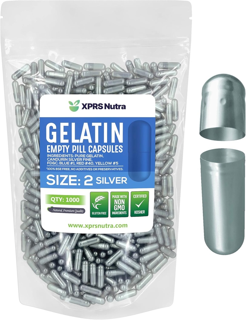XPRS Nutra Maat 2 Lege capsules - 1000 Telle Lege Gelatine Capsules - Pillen DIY Capsule Vulling - Pure Bovine Pill Gel Caps for Do-It-Yourself Supplements (Zilver)