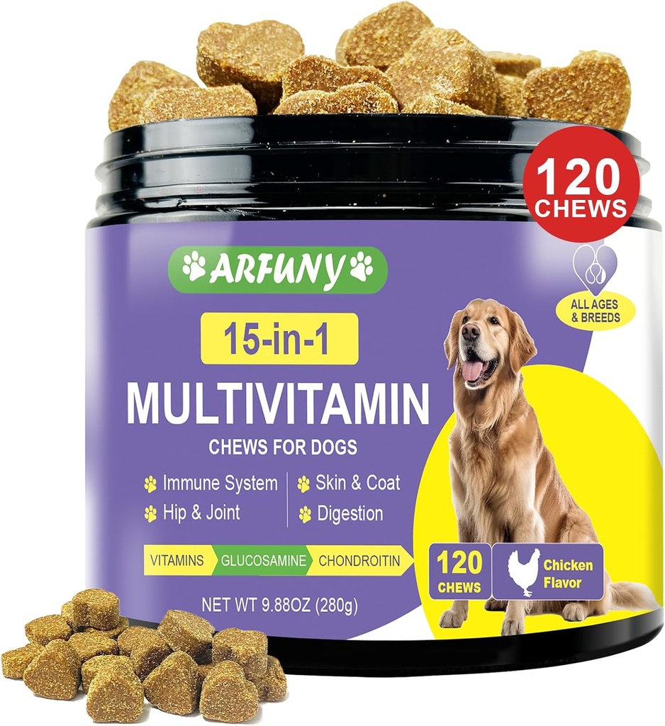 15 in 1 Honden Multivitamine Supplement - Hond Vitaminen voor het immuunsysteem, spijsvertering, Hip & Joint, Huid & Coat - met essentiële vitaminen, Glucosamine & Chondroitin - Kip smaak, 120 Kauwen
