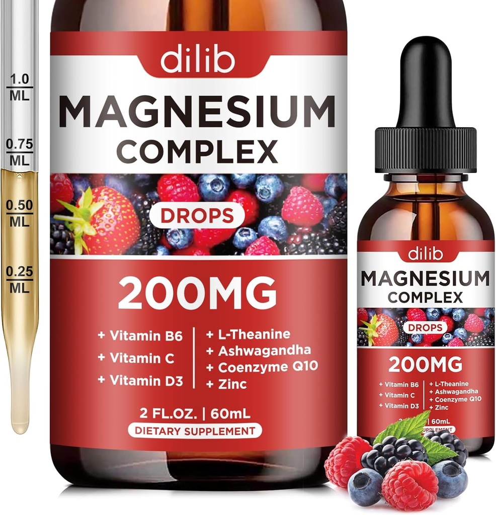 Triple Magnesium Complex Supplement, Magnesium Glycinate, dreun, Citrate Liquid Drops 200mg met Ashwagandha, CoQ10, Vitamine B6, C, D, Zink - Vegan Mix Berry Flavor