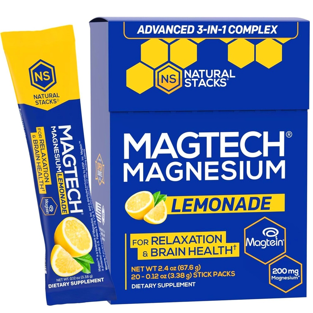 MagTech Magnesium Drink Mix - Sugar Free Lemonade - 3 Forms of Magnesium: Magtein L-Threonate, Glycinate & Taurate - 200mg Chelated Magnesium Complex - Supports Relaxation & Brain Health - 20 Servings