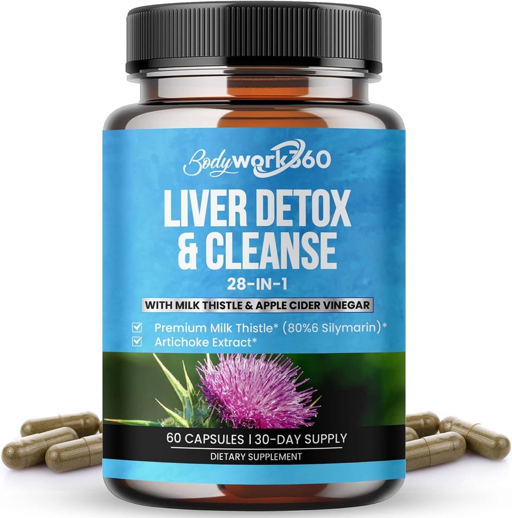 Leverontgifting en reiniging - 28-in-1 Lever Reparatie & ondersteuningssupplement voor mannen & vrouwen met melkdistel, Apple Cider Vinegar, Dandelion Root Extract & Artichoke Extract - Niet-GMO, 60 capsules