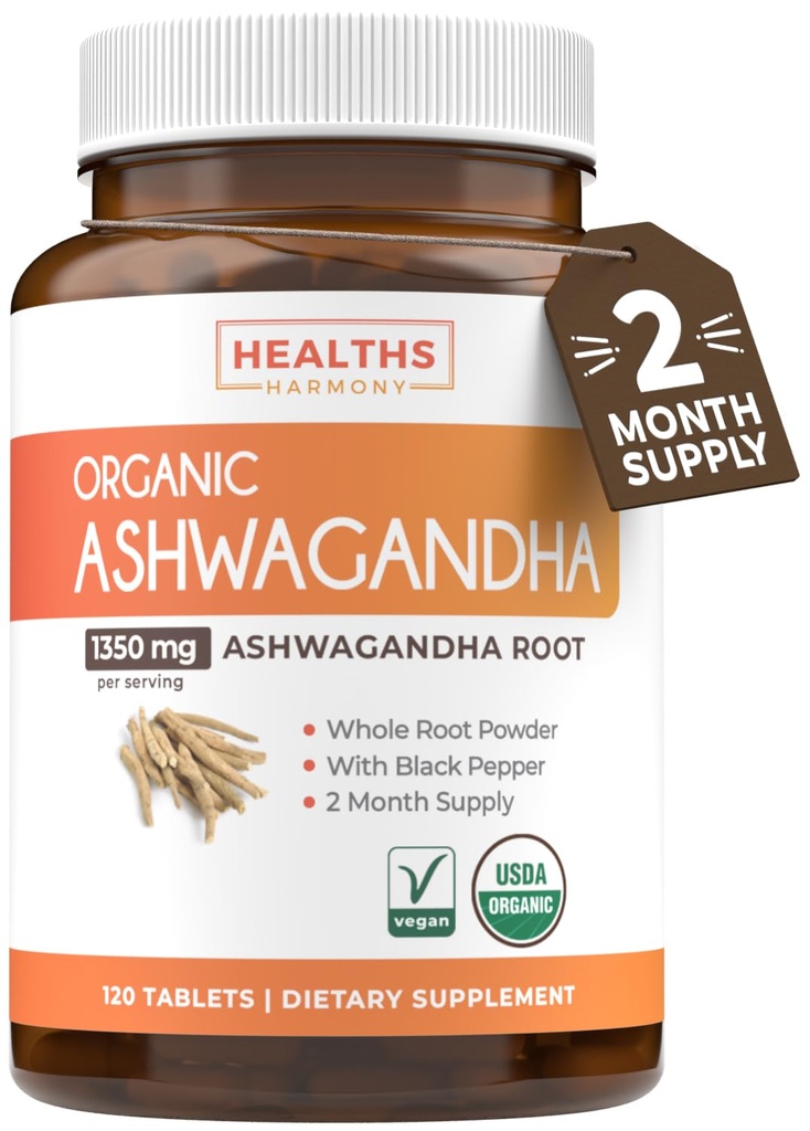 Supplément d'Ashwagandha biologique de l'USDA - Pilules d'Ashwagandha de haute puissance fabriquées avec du poivre noir biologique pour l'absorption accrue - Vegan Non-OGM fabriqués aux États-Unis & Lab Vérifié (2 mois d'approvisionnement)