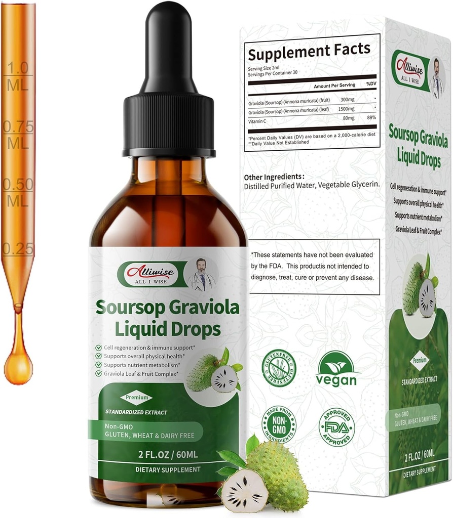 Soursop Graviola Liquid Drop, High Absorptie Form Soursop Leaves & Fruit Complex, voor celregeneratie & Immune Support & Digestive Bitters - Vegan Sour SOP Bitters Liquid - 2 Fl oz