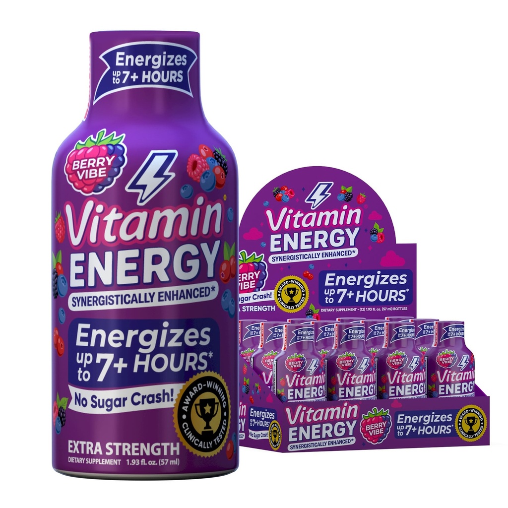 Vitamine Energie B12 11.000% Extra sterkte Energie Shot Pink Berry 12 Pack, 260mg Natural Cafeine, B12 & B6, Nootrope Focus, Vitality, Zero Sugar, Gluten-Free, Vegan, Kosher, 1,93 fl oz