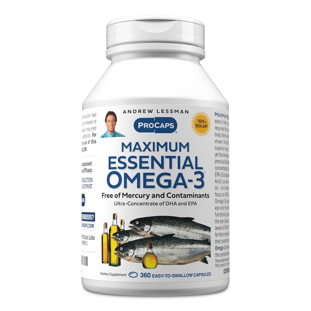 ANDREW LESSMAN Maximum Essential Omega-3 Unflavored, 360 Softgels - Ultra-Pure Omega-3 Fish Oil 1200 mg-High DHA, No Mercury Supplement-Small, Gemakkelijk doorslikken Visolie Capsules