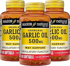 MASON NATUURLIJKE Knoflookolie 500 mg Odorless Allium Sativum Supplement Ondersteunt algemene wellness, 100 Softgels (verpakking van 3)