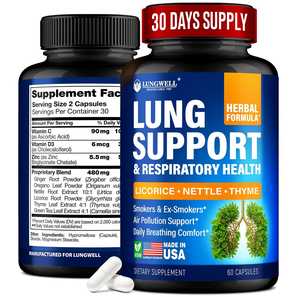Smoking Aid for Lung Cleanse & Health - Made in USA - Long Detox with Licorice Root, Ginger & Nettle Root, Green Tea, Thyme & Oregano Leaves for Lung Clear Support & Stress Relief - 60 Capsules