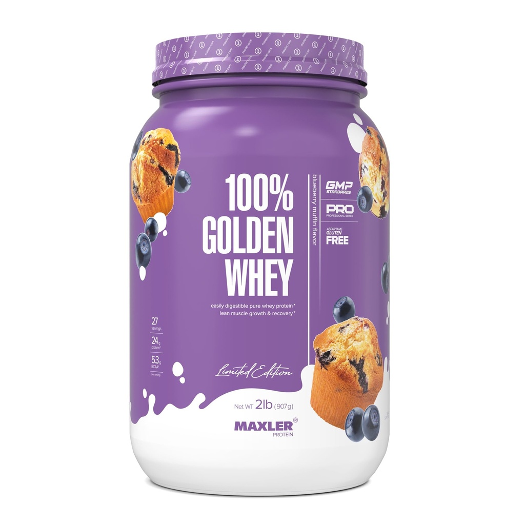 Maxler 100% de protéines de lactosérum doré - 24g de protéines par portion - Poudre de protéines de lactosérum premium pour pré-entraînement - Mélange concentré de lactosérum à absorption rapide, isolat et hydrolysat - Blueberry Muffin 2 lb