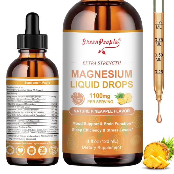 GROENPEOPLE Magnesium Glycinate Liquid Drop - 17-in-1 4Fl. Oz Triple Magnesium Complex Supplement met Glycinate 400mg & Citrate 500mg Taurate/L-Theanine voor Calm Mood/Muscle/Sleep,Pineapple Flavor