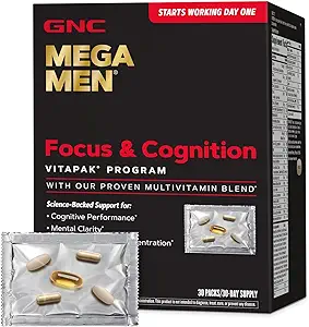 GNC Mega Men Focus and Cognition Programme Vitapak, Pratique, Nutrition complète, 3 produits en 1 paquet, Clarté, Focus, Énergie, Concentration, Travaille le premier jour, 100 mg de caféine, 30 boîtes quotidiennes