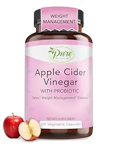 Pure By Nature vinaigre de cidre de pomme + Probiotique pour les femmes et les hommes, pilules de vinaigre de cidre de pomme crue pour la gestion du poids support et nettoyage support (120 capsules)