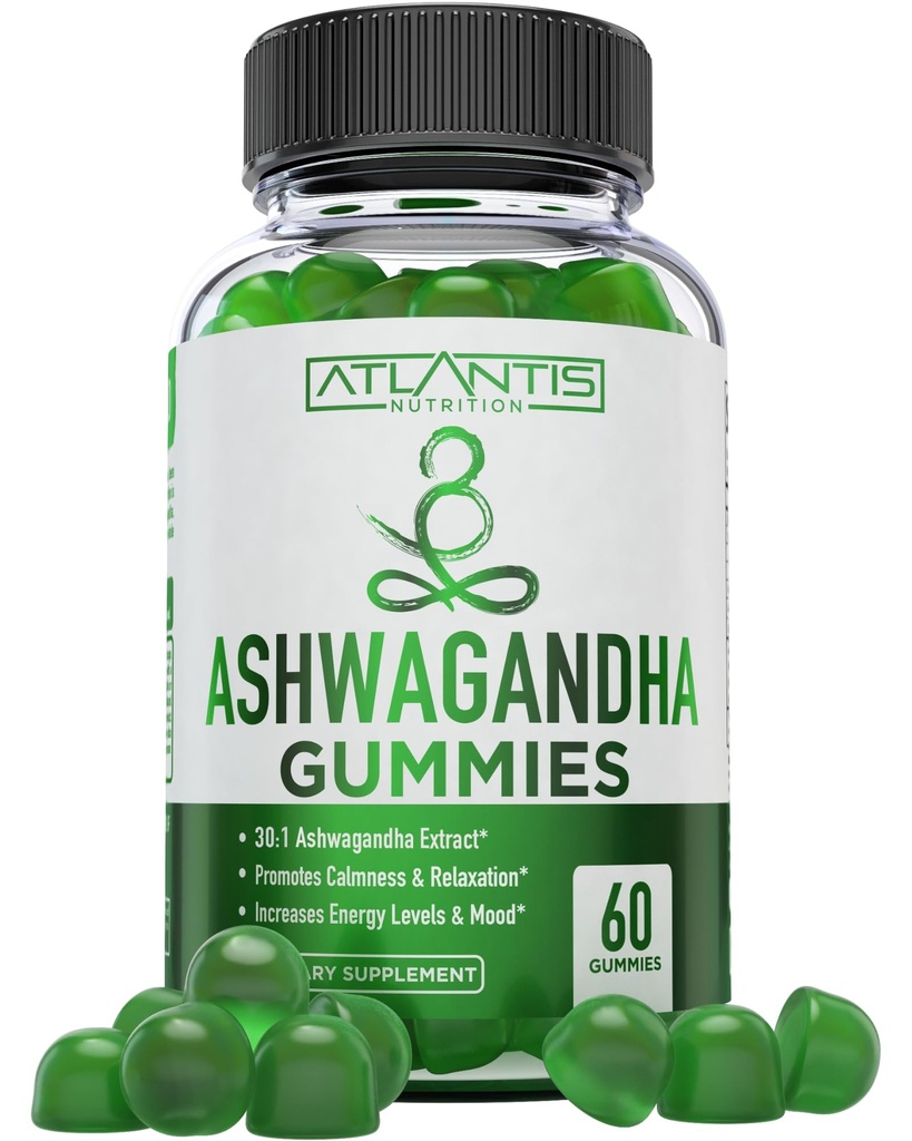 Atlantis Nutrition Ashwagandha Gummies - 1500 MG par service - favorise le calme, améliore l'humeur, stimule les niveaux d'énergie et renforce le système immunitaire - formulé avec vitamine D et zinc - Vegan