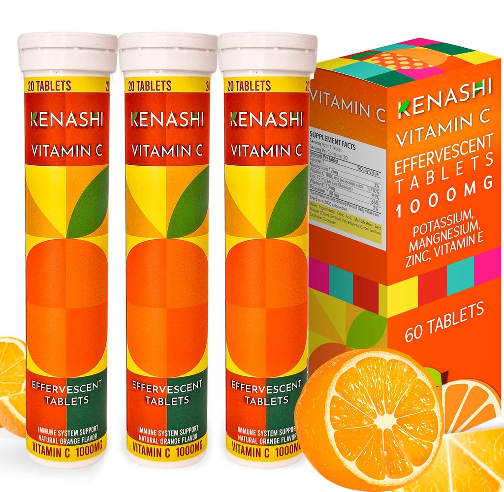 Vitamine C Bruistabletten 1000mg met Magnesium Zink Vitamine E & Kalium Vitamine C Efervescente 60 Tabellen 3 Pack Vitamine C