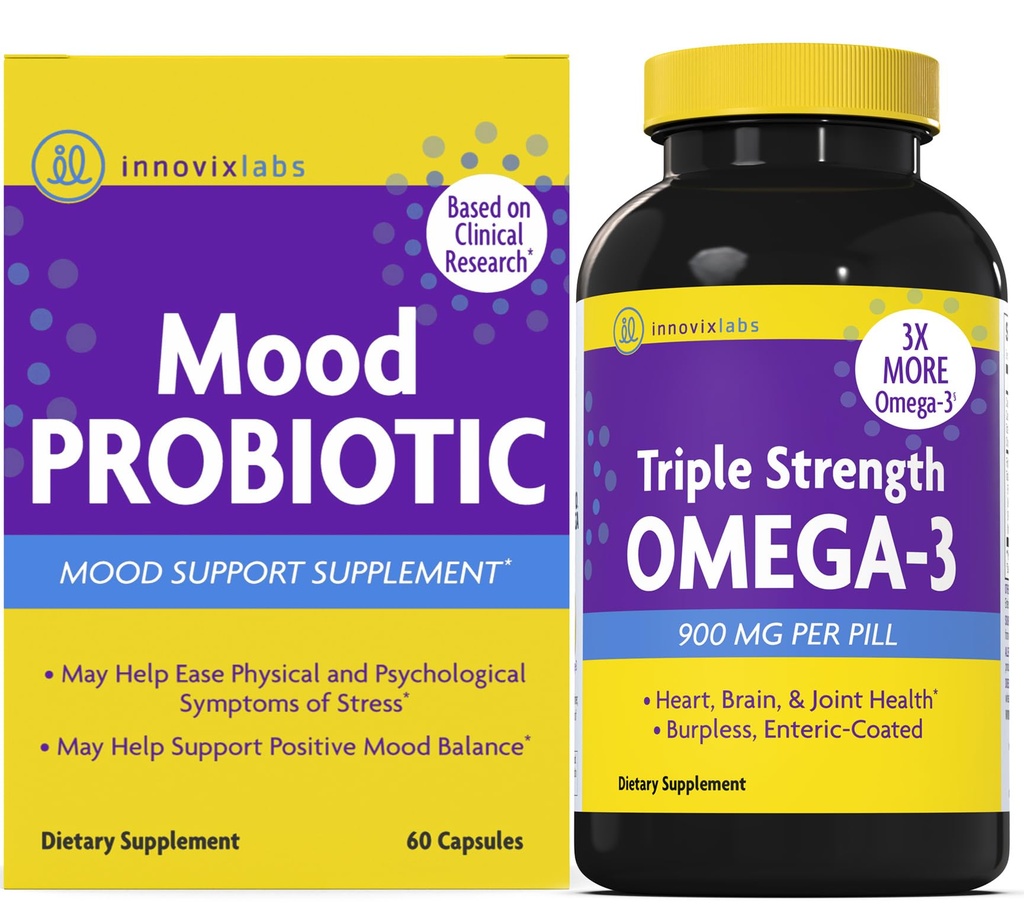 InnovixLabs Mood Probiotic & Triple Omega Bundle Mood Probiotic (60 Capsules) Triple Strength Omega-3 Fish Oil (200 Softgel). Supports Brain, Joints and Immune Health*