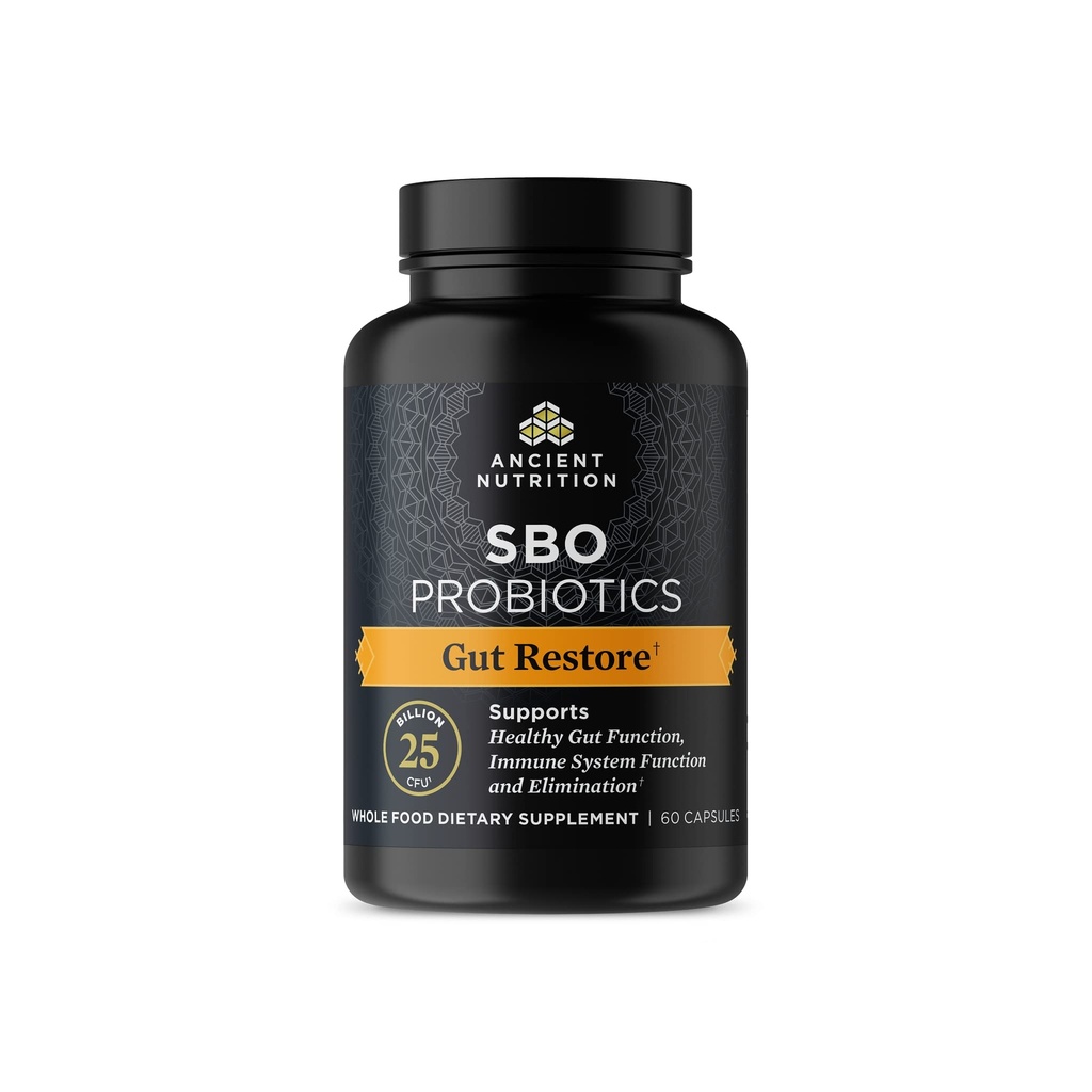 Ancient Nutrition Probiotics, SBO Probiotics Gut Restore 60 Ct, bevordert Gut Health, Digestieve en Immune Ondersteuning, Glutenvrij, Oude Superfoods Blend, 25 miljard CFUs* Per Serving