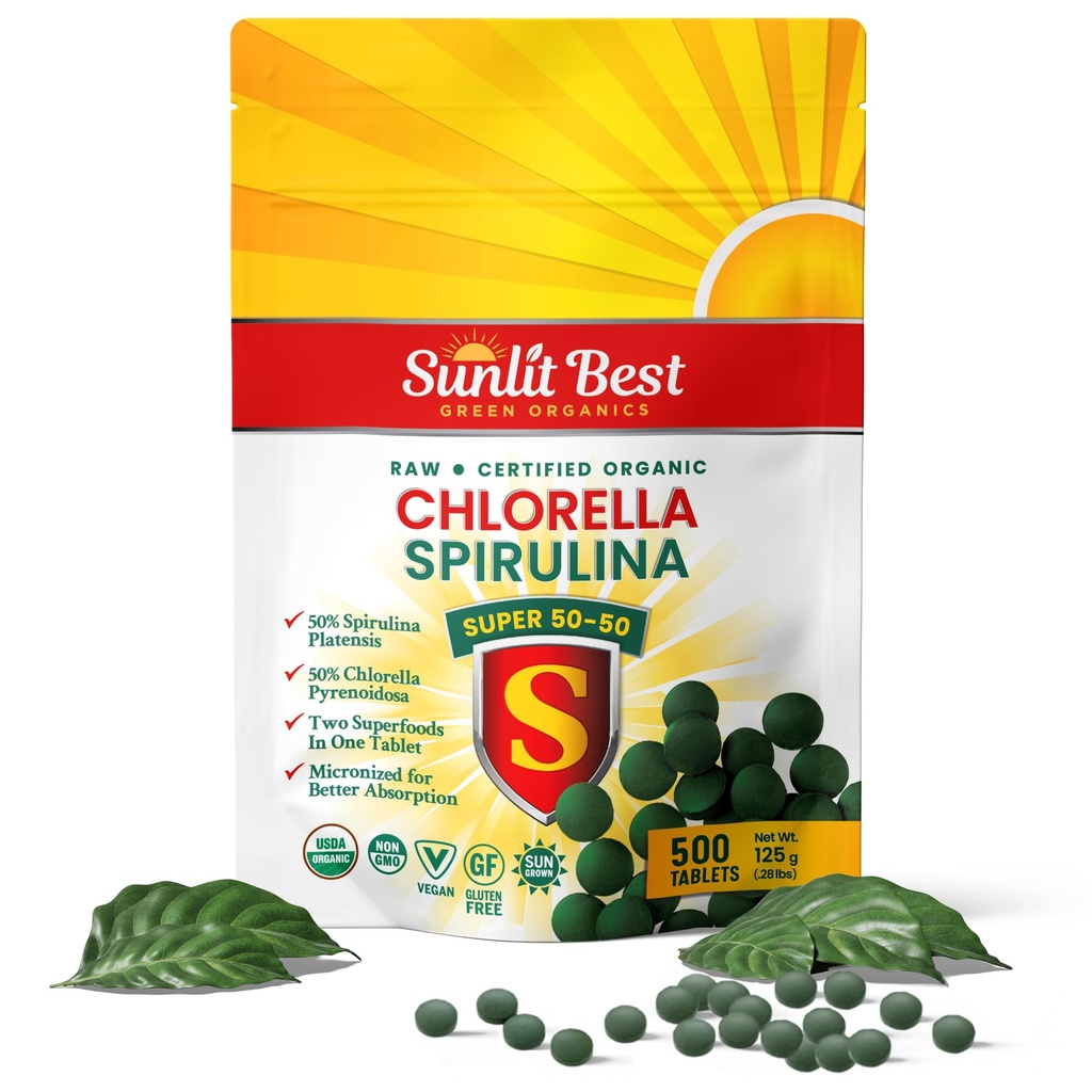 Sunlit Super 50/50 Organic Chlorella Spirulina Tablets - Super Supplement for Immune Support, Gut Health, Mood & Energy - Rich in Chlorophyll, Amino Acids & Vegan Protein, 500 Superfood Tabs