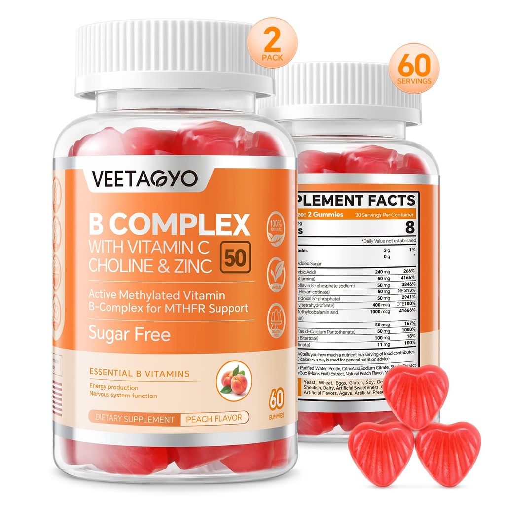 B Complex 50 Gummies , Gemethyleerd B Complex met vitamine C,Choline & Zink - Active Methylated B-Complex for Energy, Gemethyleerd Ondersteuning - Alle B Vitaminen - B1,B2,B3,B5,B6,B7,B9,B12 - Suikervrij,120 Tel.