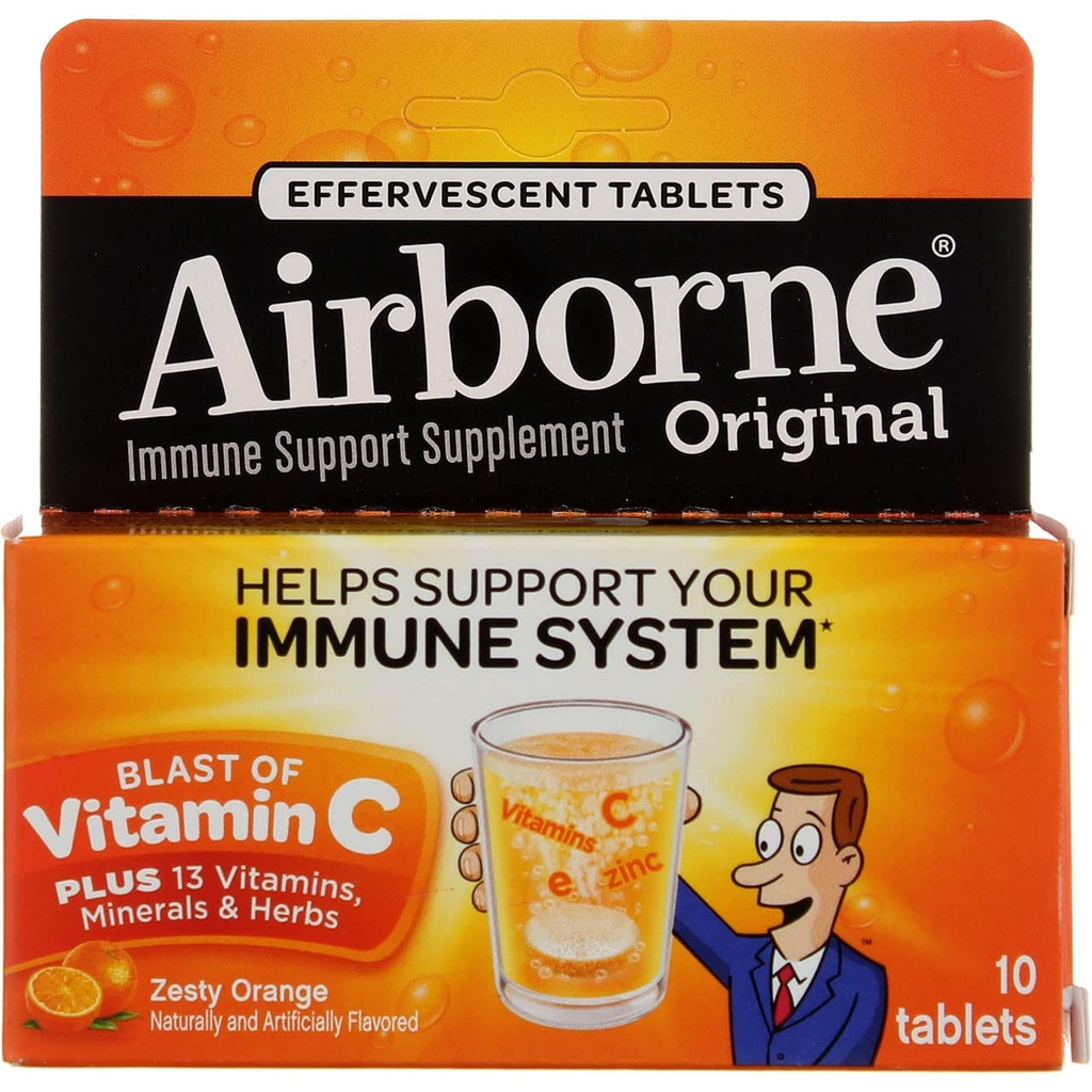 Airborne 1000mg Vitamine C avec vitamine D et zinc, sans sucre Multivitamine Imune Supplément de soutien, antioxydants Vitamines A C et vitamine E, 10 comprimés effervescents, Zesty Orange Arôme